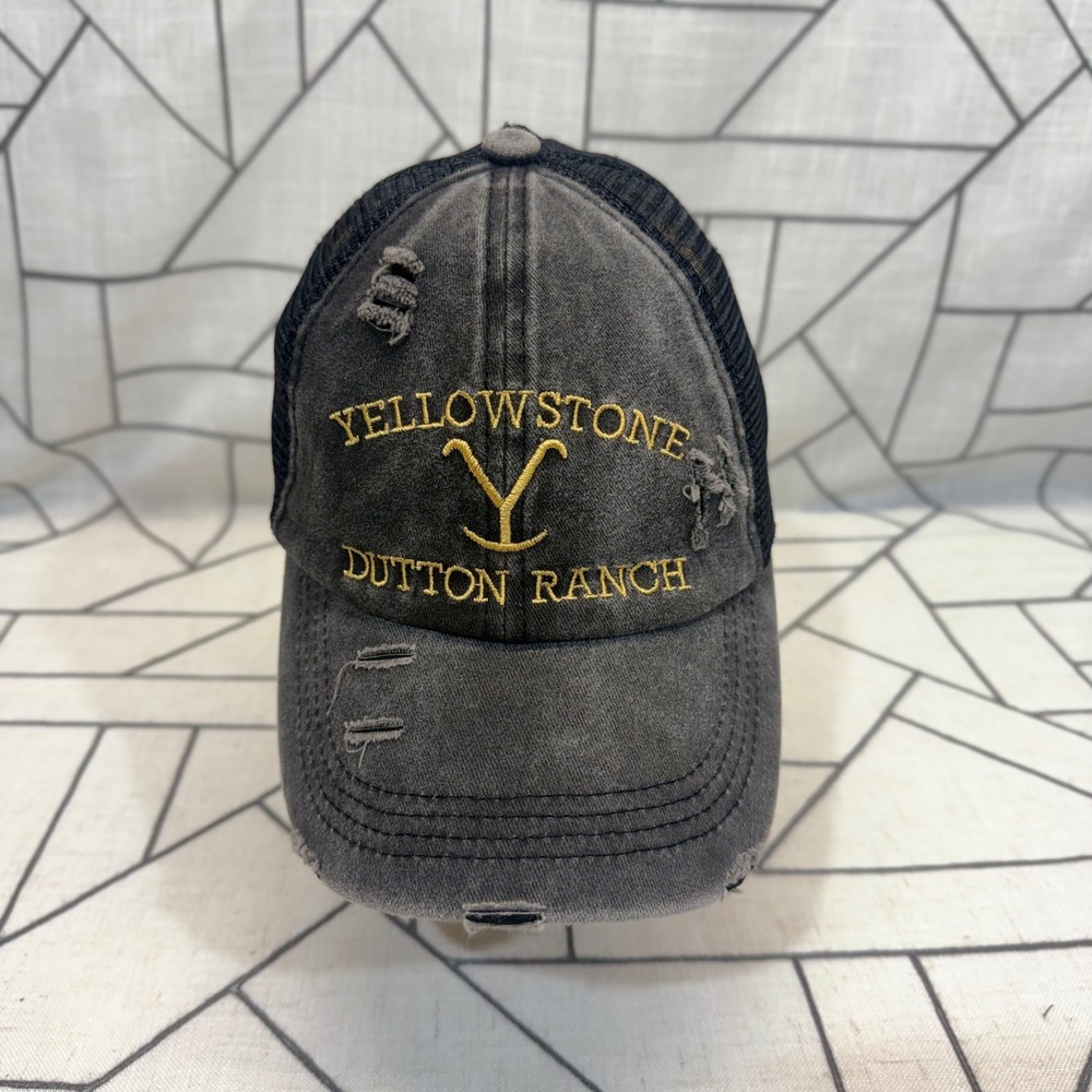 Yellowstone Dutton Ranch Trucker Hat OS Black Distressed High Ponytail Cap‎
